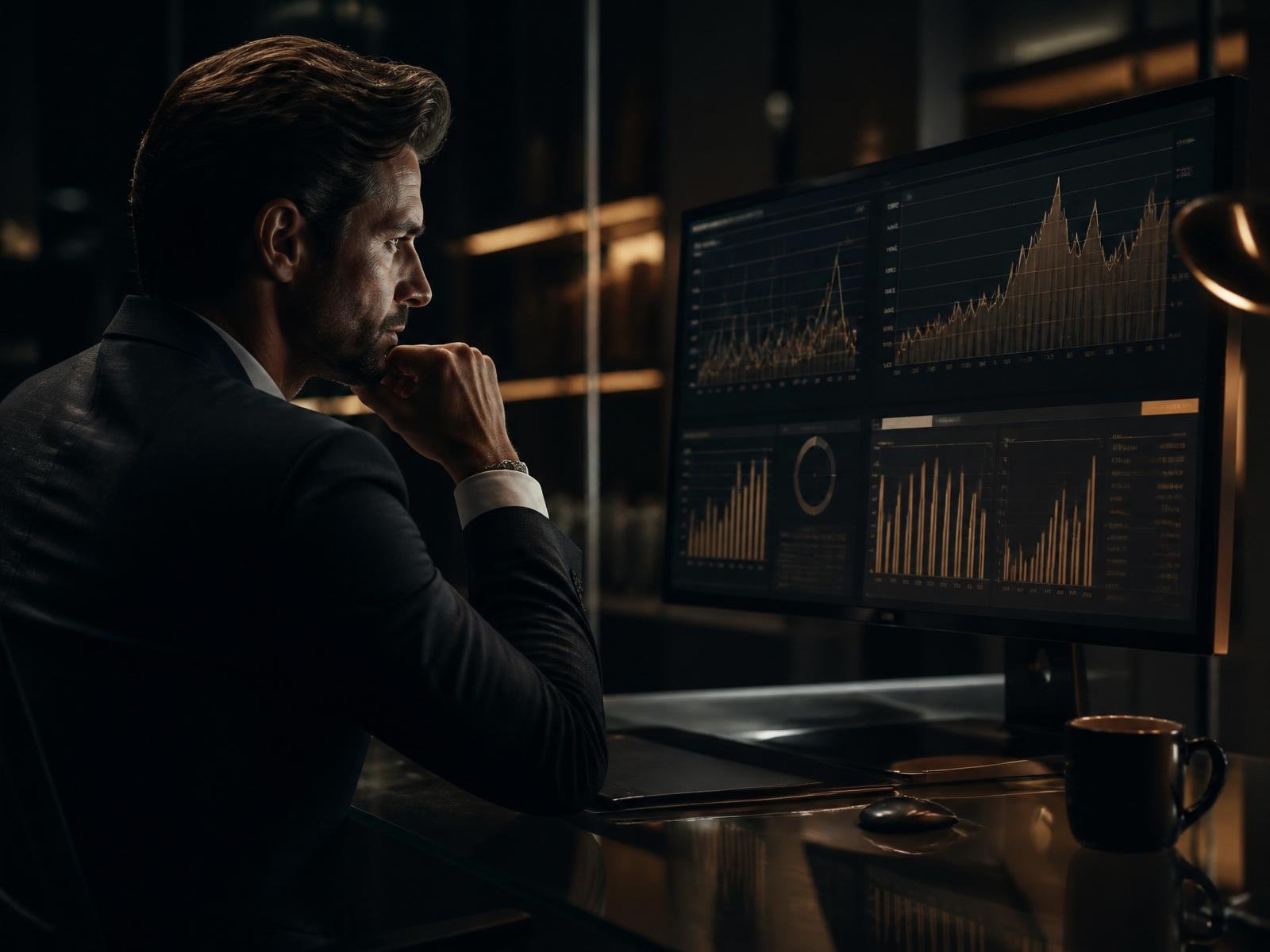 Senior finance professional reviewing financial dashboards
